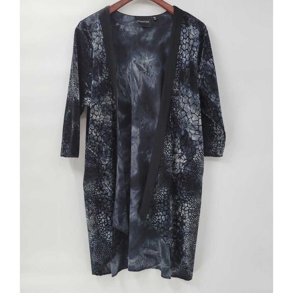 MinkPink Womens Kimono M Gray Green Reptile Long Line Cardigan Hi Low Hem Pocket